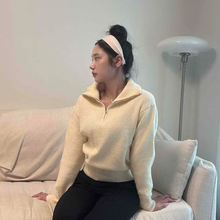 Wool Ribbed Half-Zip Turtleneck Thick and Sturdy Ribbed Oversized Knit