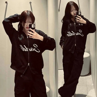 Oversized Large Hoodie Vintage Logo Embroidered Print Pocket Elastic Waist Zip-Up