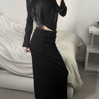 High-Waisted Shirred Mermaid Slim Fit Long Skirt