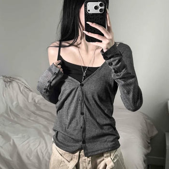 Deep V-Neck Ribbed Knit Sleeve Button Slim Fit Layered Cardigan