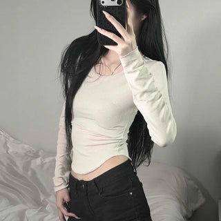 Modal Fine Ribbed Rounded U-Neck Slim Fit Cropped Long Sleeve T-Shirt