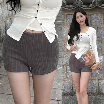 Ribbed Pintuck Fleece-Lined Knit High-Waisted Tight-Fit Shorts