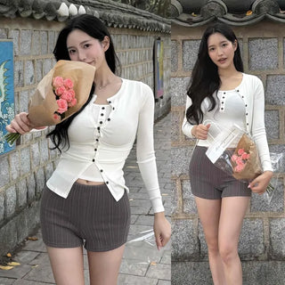 Ribbed Shirred Sleeveless Cardigan Crop Slim Fit Two-Piece Set