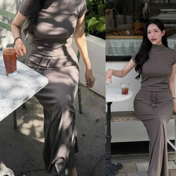Ribbed Mock Neck Crop Knit Slit Long Skirt Two-Piece Set