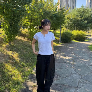 Cargo Nylon Wide Loose Fit Elastic Waist Drawstring Pocket Unisex Long Pants