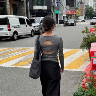 Henley Neck Button Back-Off Slit Cropped Slim Fit Knit Long Sleeve T-shirt
