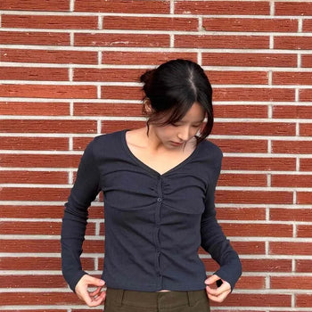 Cotton Ribbed V-Neck Button Slim Fit Cardigan