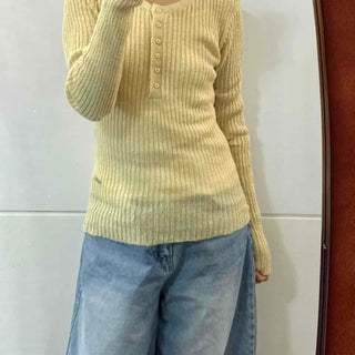 Henley Neck Fine Ribbed Button Slim Fit Knit Long Sleeve T-shirt