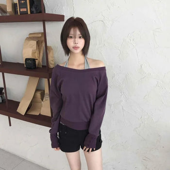 *Button Sleeves* Purple Core🍇 One-Off Shoulder Boat Neck Oversized Sweatshirt