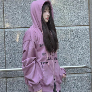 Loose Fit Cotton Zip-Up Hoodie with Lettering English Print and Drawstring