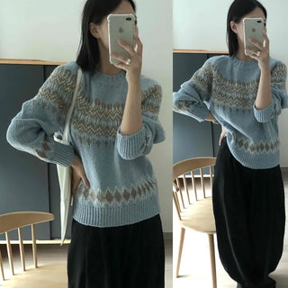 Nordic Snowflake Pattern Fluffy Loose Fit Round Neck Acrylic Blend Knit