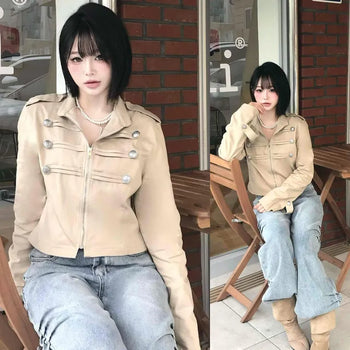 Leji Napoleon Epaulet Cotton Basic Fit Short Long Sleeve Jacket