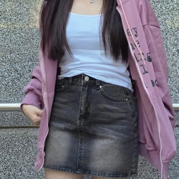 High-Waisted Washed Distressed Slim Fit Button H-Line Denim Mini Skirt
