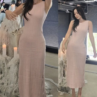 Ribbed Knit Sleeveless Inner Dress Slim Fit Round Neck Long Dress