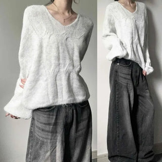 Angora Mohair Wool Cable Knit Heathered Rainbow Thread Leather Patch V-Neck Avant-Grip Crop Knit