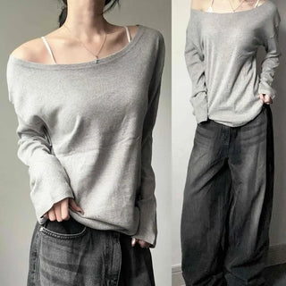 Off-shoulder Boxy Cotton Layered Long-sleeve T-shirt