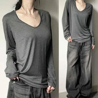 Tencel Loose Fit Waist-Shaping U-Neck Long Sleeve T-Shirt