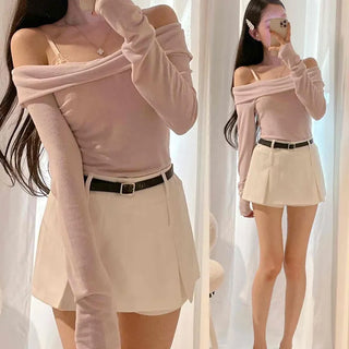 Off-shoulder Slim Fit 2-Way Cotton Long-Sleeve T-Shirt