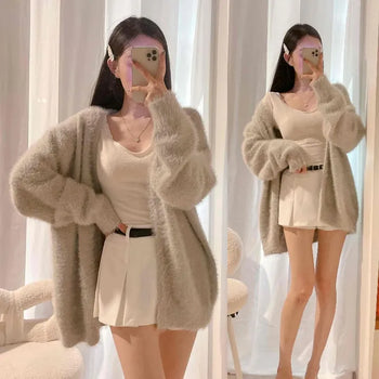 Angora Fur V-Neck Loose Fit Button Cardigan