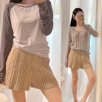Cable Knit High-Waisted Elastic Wide Shorts