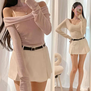 High-waisted Cotton Blend Pleated Belted Mini Skirt with Undershorts
