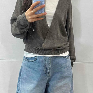 Deep V-Neck Wrap-Style Loose Fit Thin Long Sleeve Knit Crop Cardigan