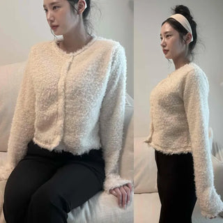 Wool Cashmere Round Neck Button Slim Fit Crop Cardigan