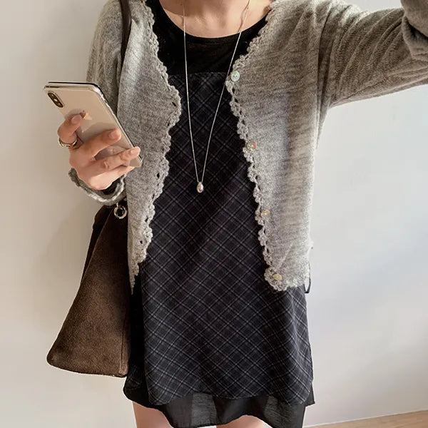 Hamon check layered sleeveless dress double sheer tartan bustier sleeveless blouse strappy mini dress autumn