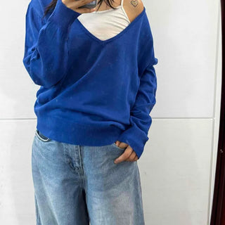 Deep V-Neck Off-Shoulder Loose Fit Pleated Knit