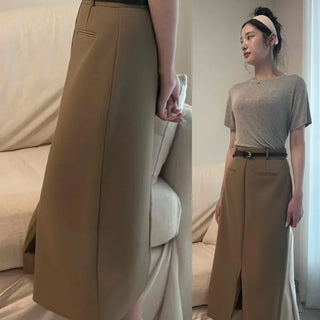 High-Waisted Slit Belt Set H-Line Long Skirt