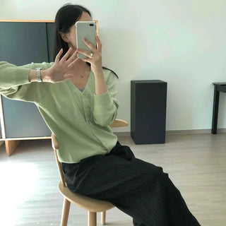 V-neck Loose Fit Plain Knit Cardigan