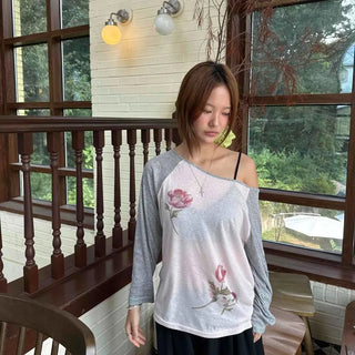 Ribbed Raglan Boat Neck Floral Contrast Ribbon Loose Fit Long Sleeve T-shirt