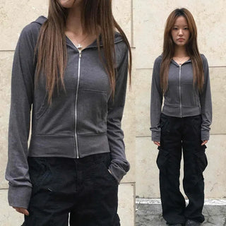 High-Neck Crop Slim Fit Elastic Pocket Zip-Up Hoodie