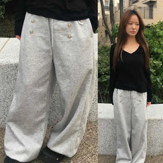 Napoleon Button Button-Up Elastic Waist Wide Training Long Pants