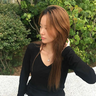 Deep V-Neck Shirred Modal Loose Fit Long Sleeve T-Shirt