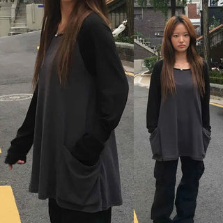 Cotton Raglan Oversized Color Block Round Neck Pocket Long Sleeve Mini Dress