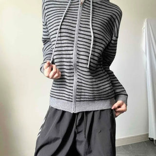 Loose Fit Knit Striped String Elastic Zip-Up Hoodie