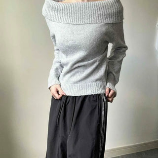 Angora Wool Off-shoulder Slim Fit Long Sleeve Knit