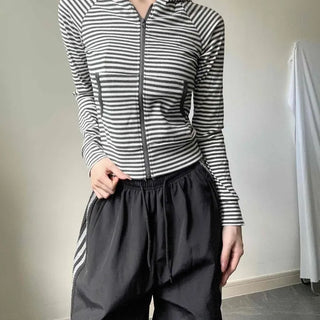 Slim Fit Striped Crop Long Sleeve Zip-Up Hoodie