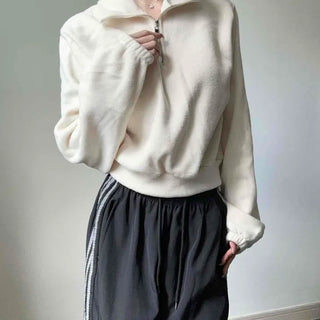 Fleece Brushed Collar Half-Zip Crop Sweatshirt