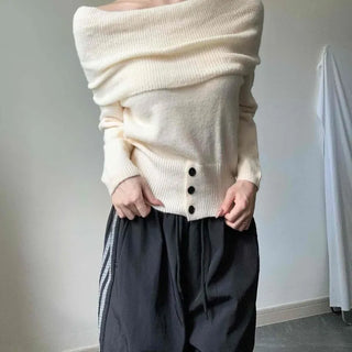 Off-shoulder Loose Fit Long Sleeve Crop Button Wool Knit
