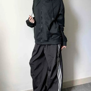 Oversized Hooded Two-Way Zipper Drawstring Cotton Long Sleeve Zip-Up Jacket