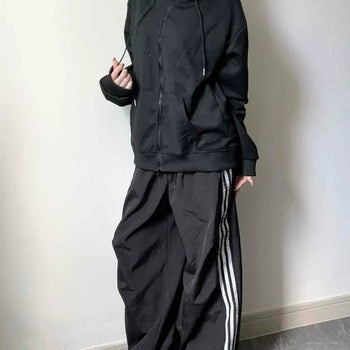 Oversized Hooded Two-Way Zipper Drawstring Cotton Long Sleeve Zip-Up Jacket