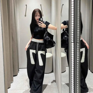 Sagging Oversized Wide Tracksuit Check Embroidery Elastic Waist Drawstring Hem Pocket Long Pants