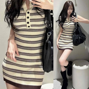 Ribbed Striped Button Cap Sleeve Slim Fit Mini Dress