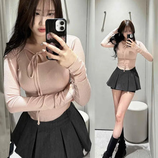 Ribbed Button Crop Slim Fit Long Sleeve T-shirt