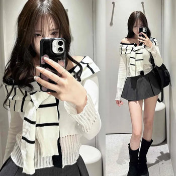 Fake Off-Shoulder Color Block Stripe Slim Fit Crop Button Cardigan Knit