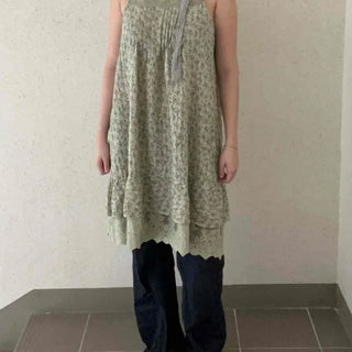 Chiffon Flower Lace Square Neck Pintuck Button A-Line Mini Dress