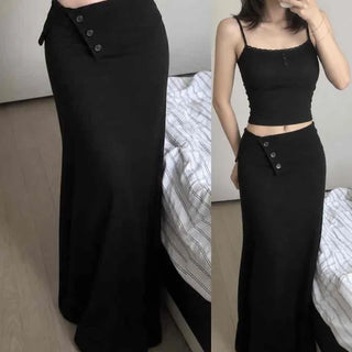 High-Waisted Knit Button Folding H-Line Long Skirt