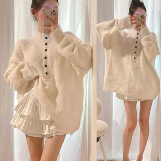 Angora Henley Neck Button Oversized Knit